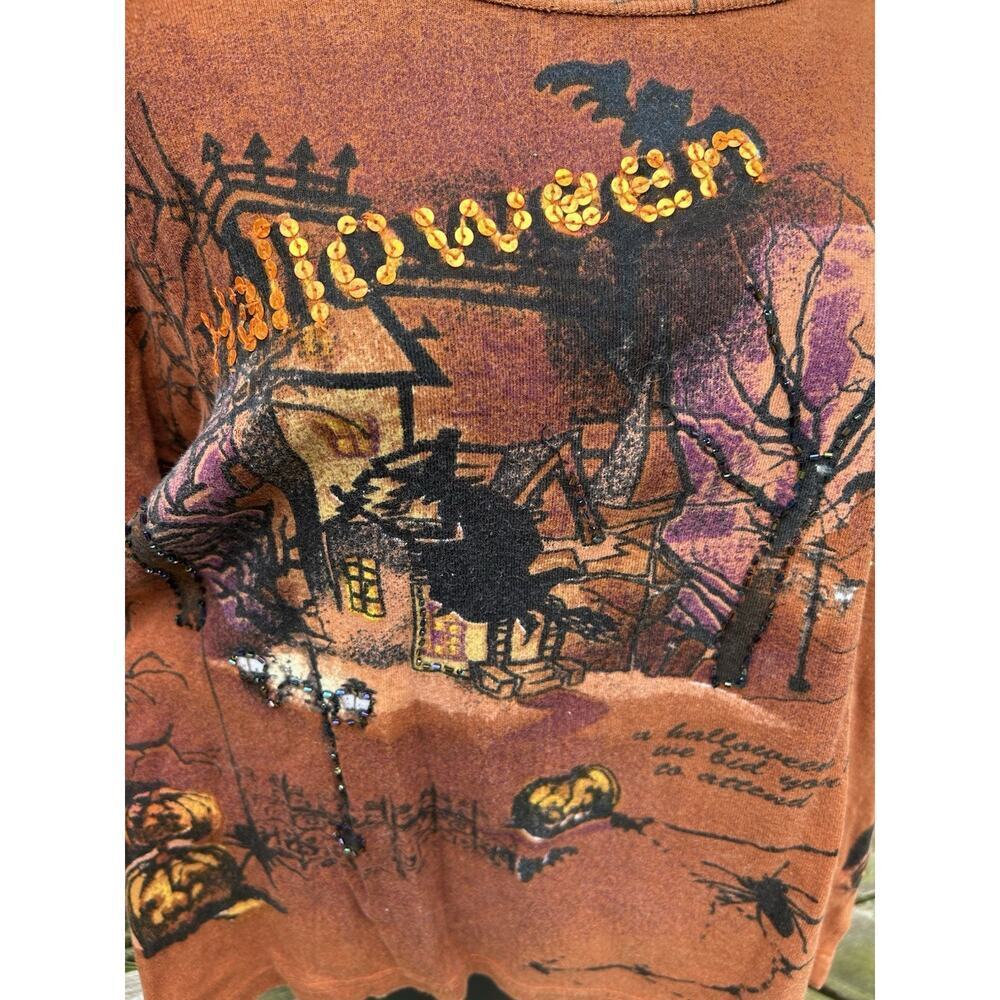 Vtg Y2K Halloween Shirt Jane Ashley Witch Goth Spiders Sequin 1X XL Pumpkin - Picture 3 of 9